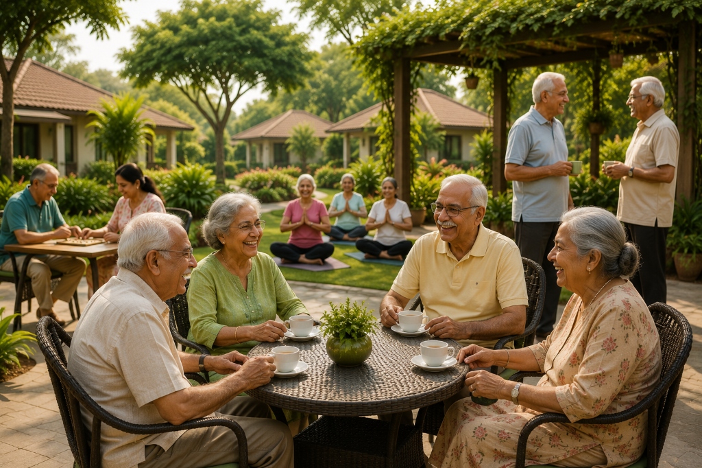 Green Gardens residents chatting around a garden table with outdoor yoga classes happening in the background