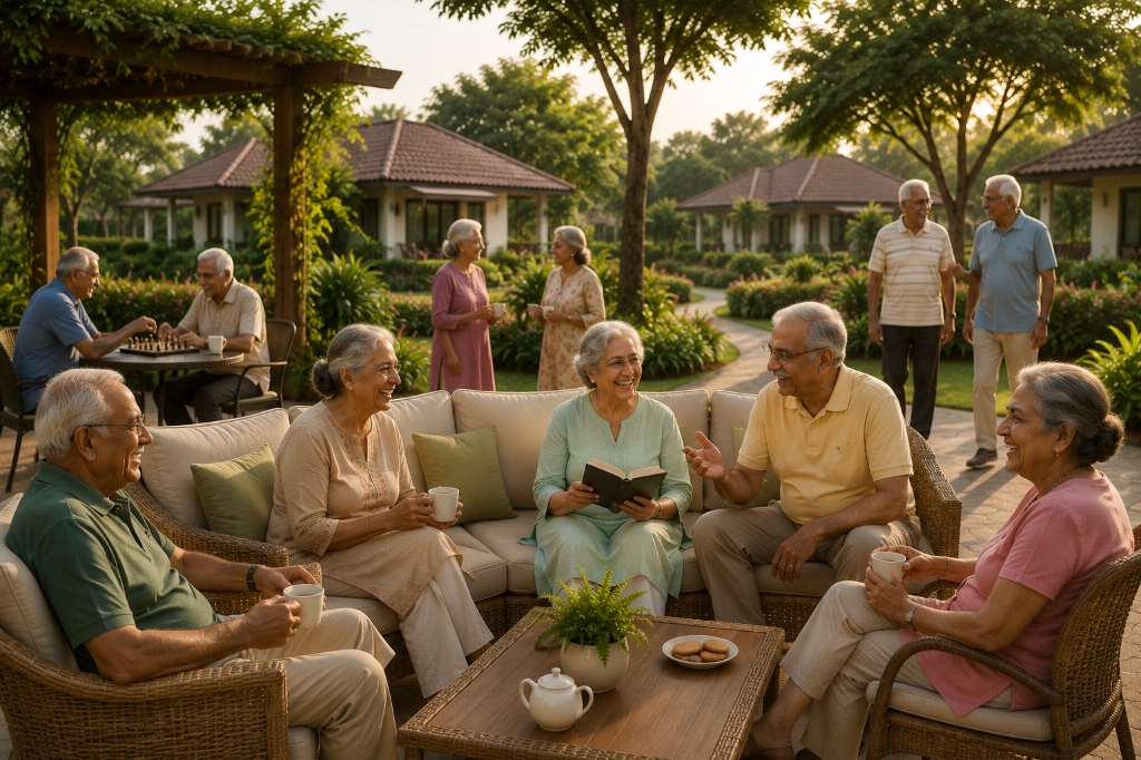 Seniors enjoying conversation, reading, and tea on outdoor sofas at Green Gardens
