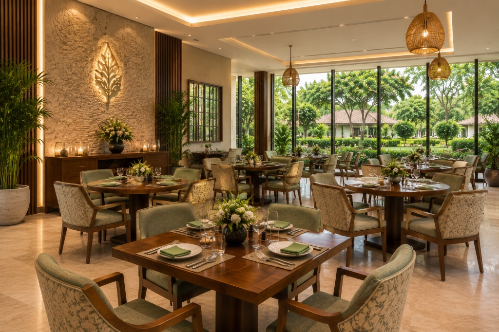 Spacious and elegant dining hall at Green Gardens senior living with natural lighting and outdoor views