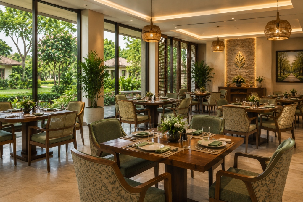 The beautifully designed restaurant-style dining area interior at Green Gardens senior living