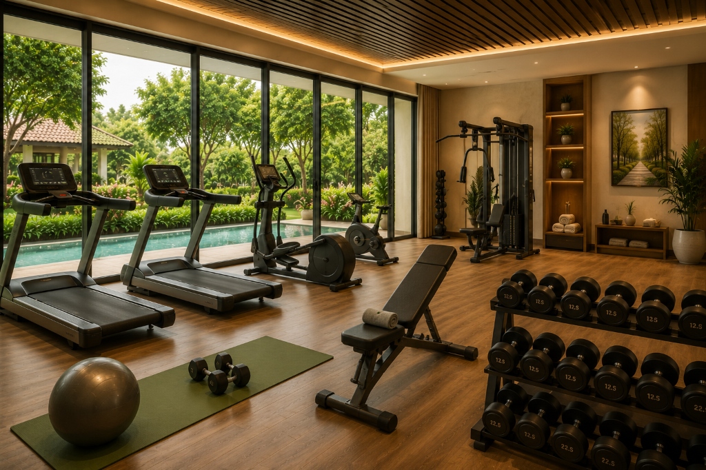 Modern state-of-the-art gym and fitness center at Green Gardens senior living with panoramic window views