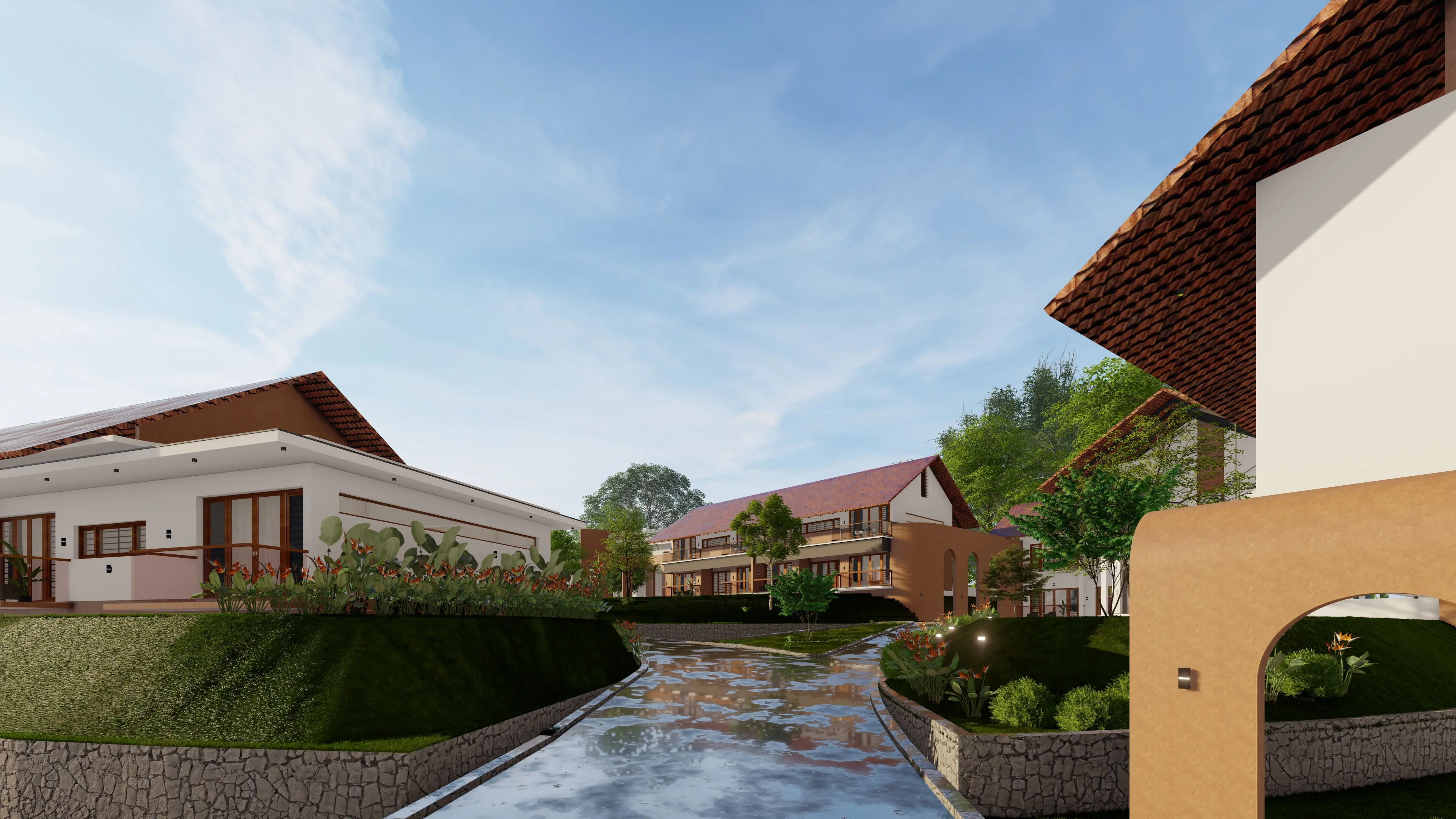 Nature-inspired senior living villas at Green Gardens with landscaped pathways and peaceful community surroundings in Kerala