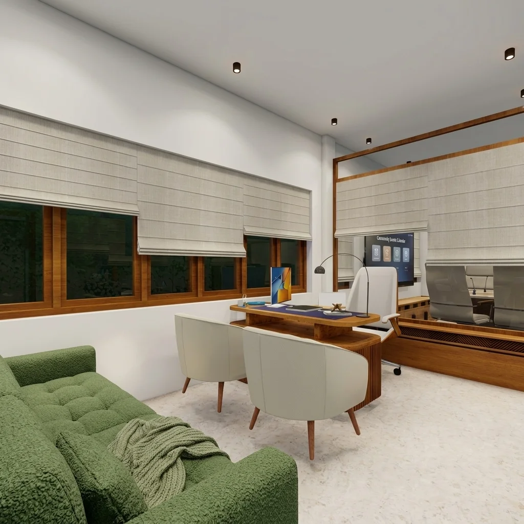 Private lounge and relaxation space at Green Gardens senior living community with warm interiors and contemporary furniture design