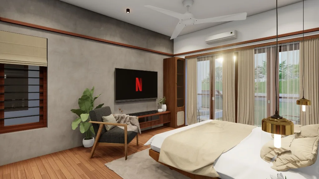 Premium senior living villa bedroom at Green Gardens with modern amenities, wooden flooring, and spacious sliding doors