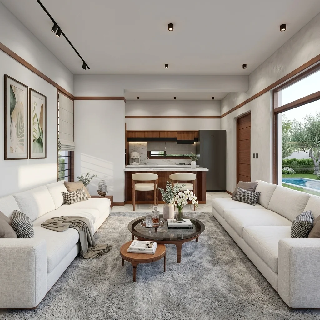 Modern villa living room interior at Green Gardens senior living community in Kerala