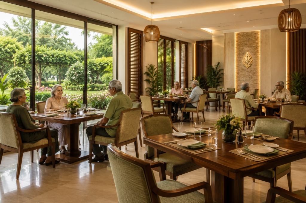 Residents enjoying delicious and healthy meals in the Green Gardens community dining hall