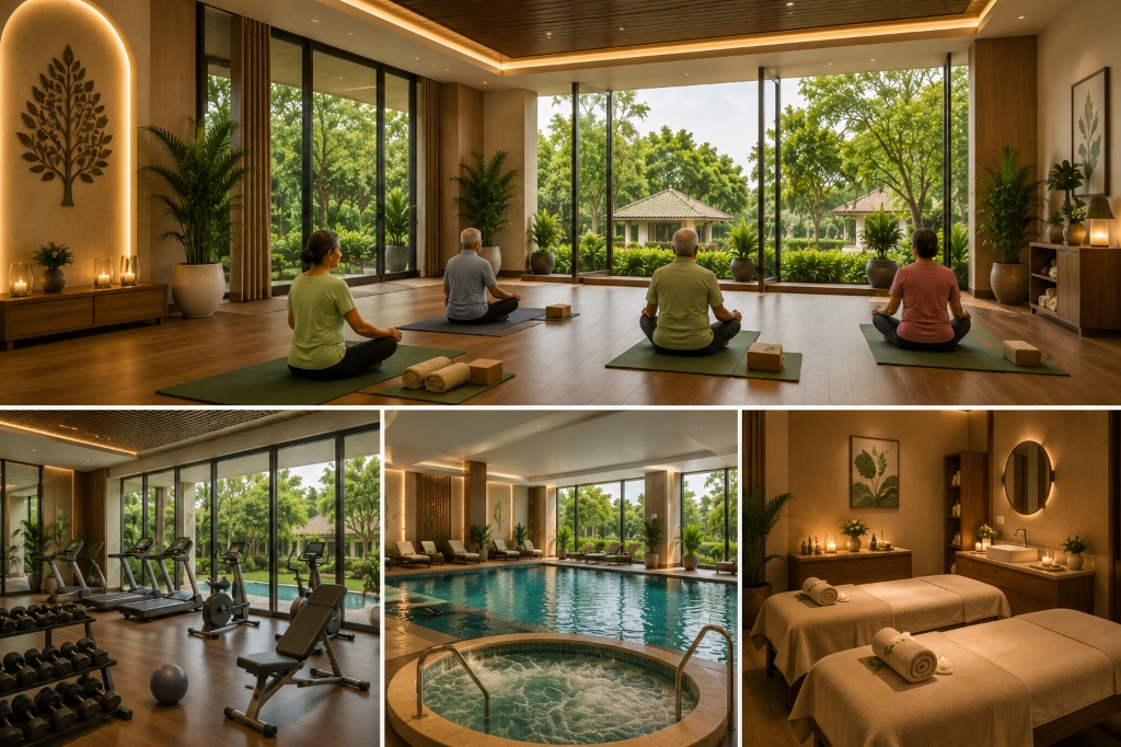Premium wellness services collage showing yoga studio classes, state-of-the-art gym equipment, indoor pool with hot tub, and message spa rooms at Green Gardens