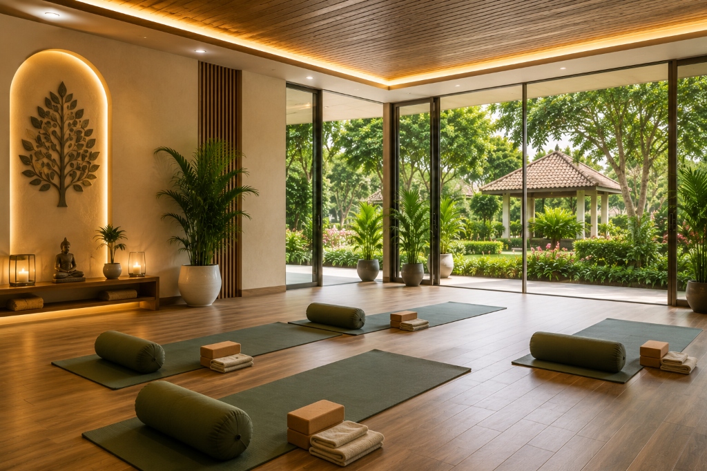 Peaceful and spacious yoga and meditation studio overlooking green gardens